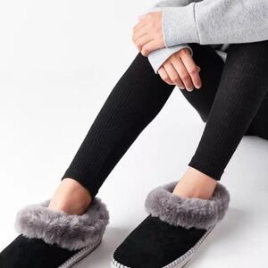 UGG Wrin Slippers- Women's Black Slides with Plush Gray Cuff